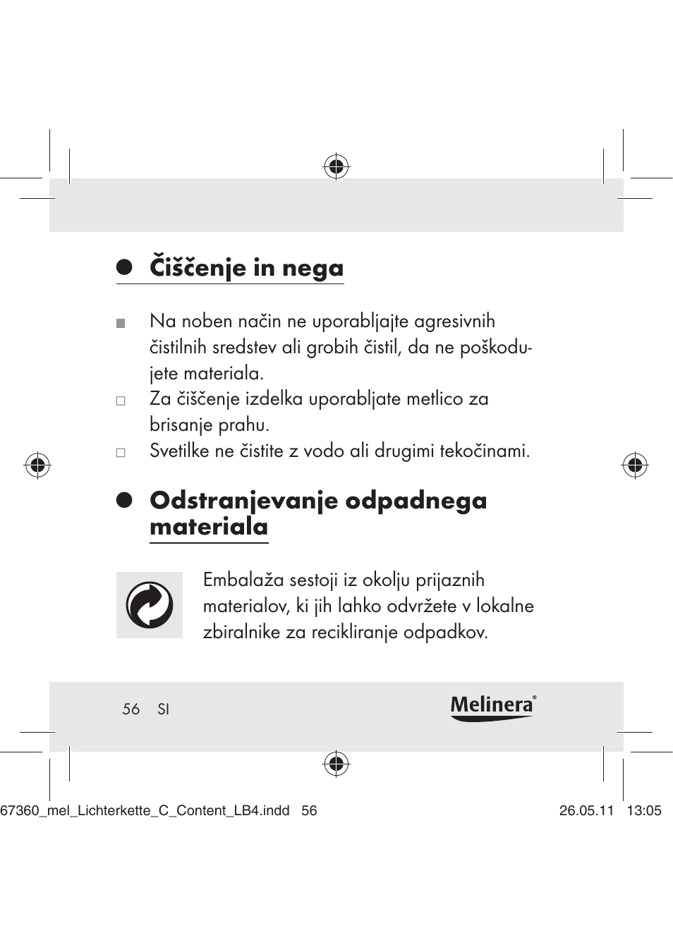 Čiščenje in nega, Odstranjevanje odpadnega materiala | Melinera Z30316C User Manual | Page 54 / 98