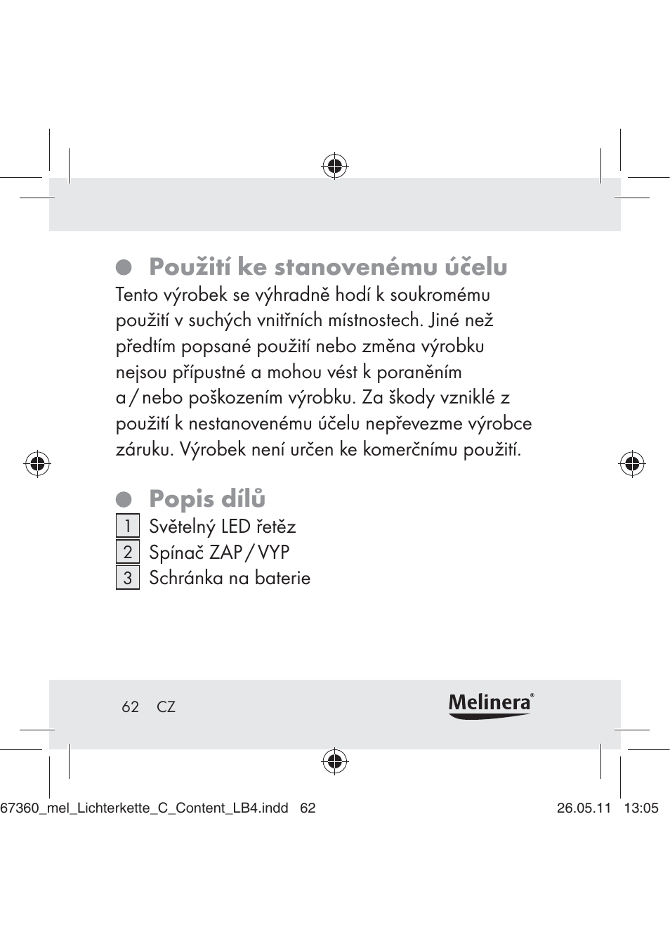 Použití ke stanovenému účelu, Popis dílů | Melinera Z30316C User Manual | Page 60 / 98