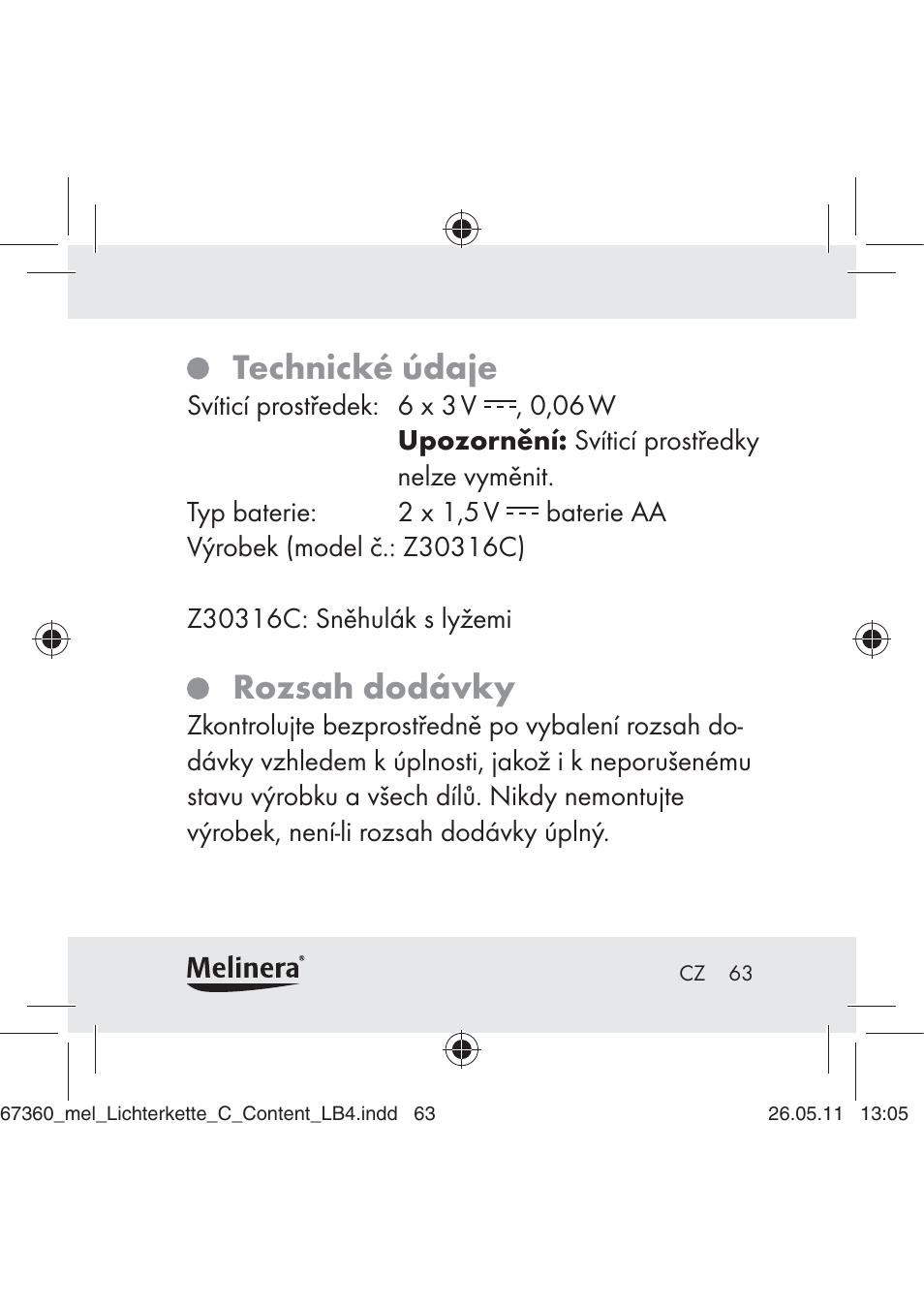 Technické údaje, Rozsah dodávky | Melinera Z30316C User Manual | Page 61 / 98