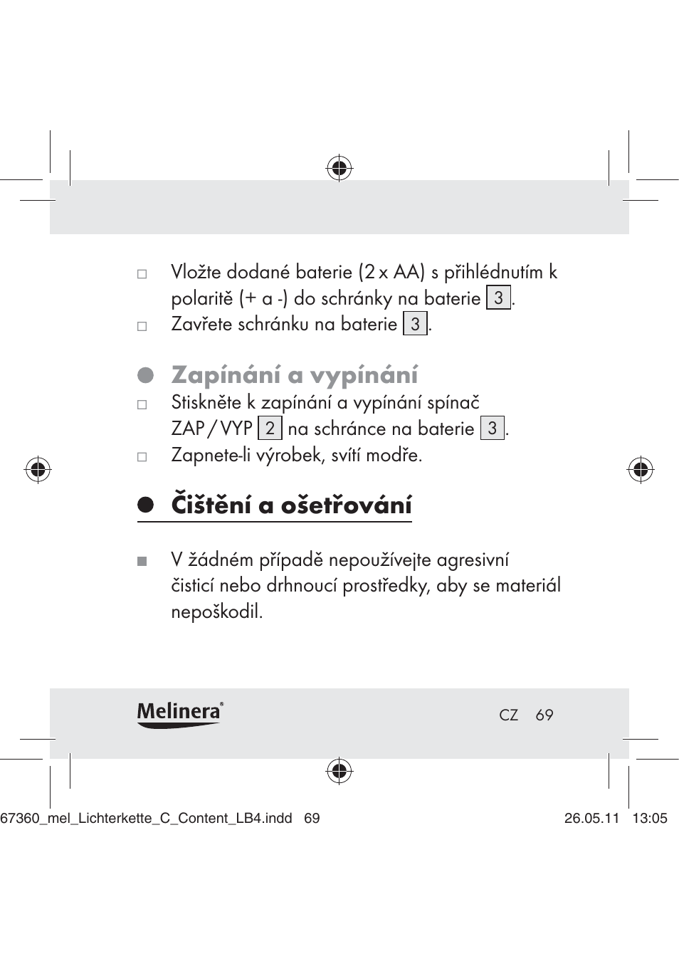 Zapínání a vypínání, Čištění a ošetřování | Melinera Z30316C User Manual | Page 67 / 98