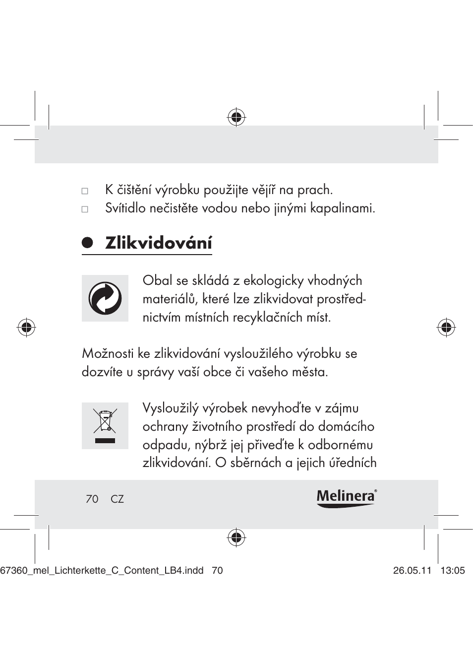 Zlikvidování | Melinera Z30316C User Manual | Page 68 / 98