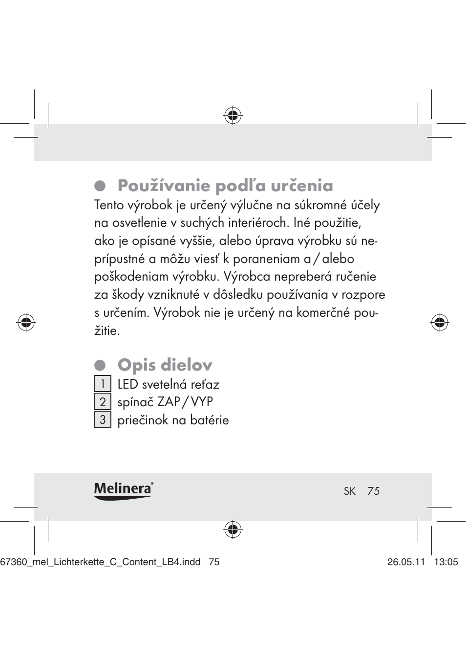 Používanie podľa určenia, Opis dielov | Melinera Z30316C User Manual | Page 73 / 98