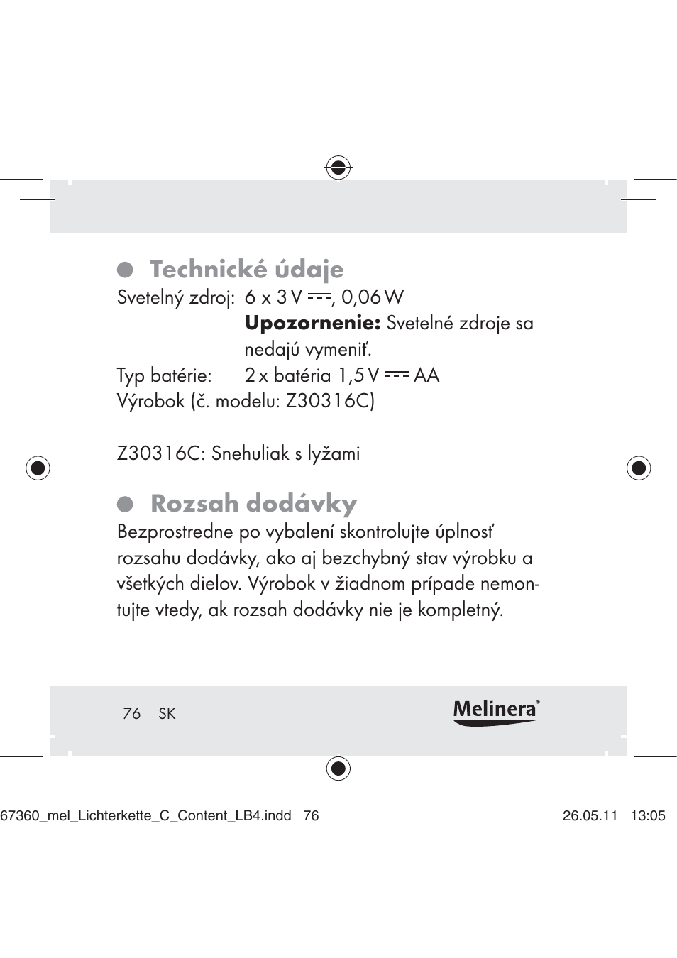 Technické údaje, Rozsah dodávky | Melinera Z30316C User Manual | Page 74 / 98