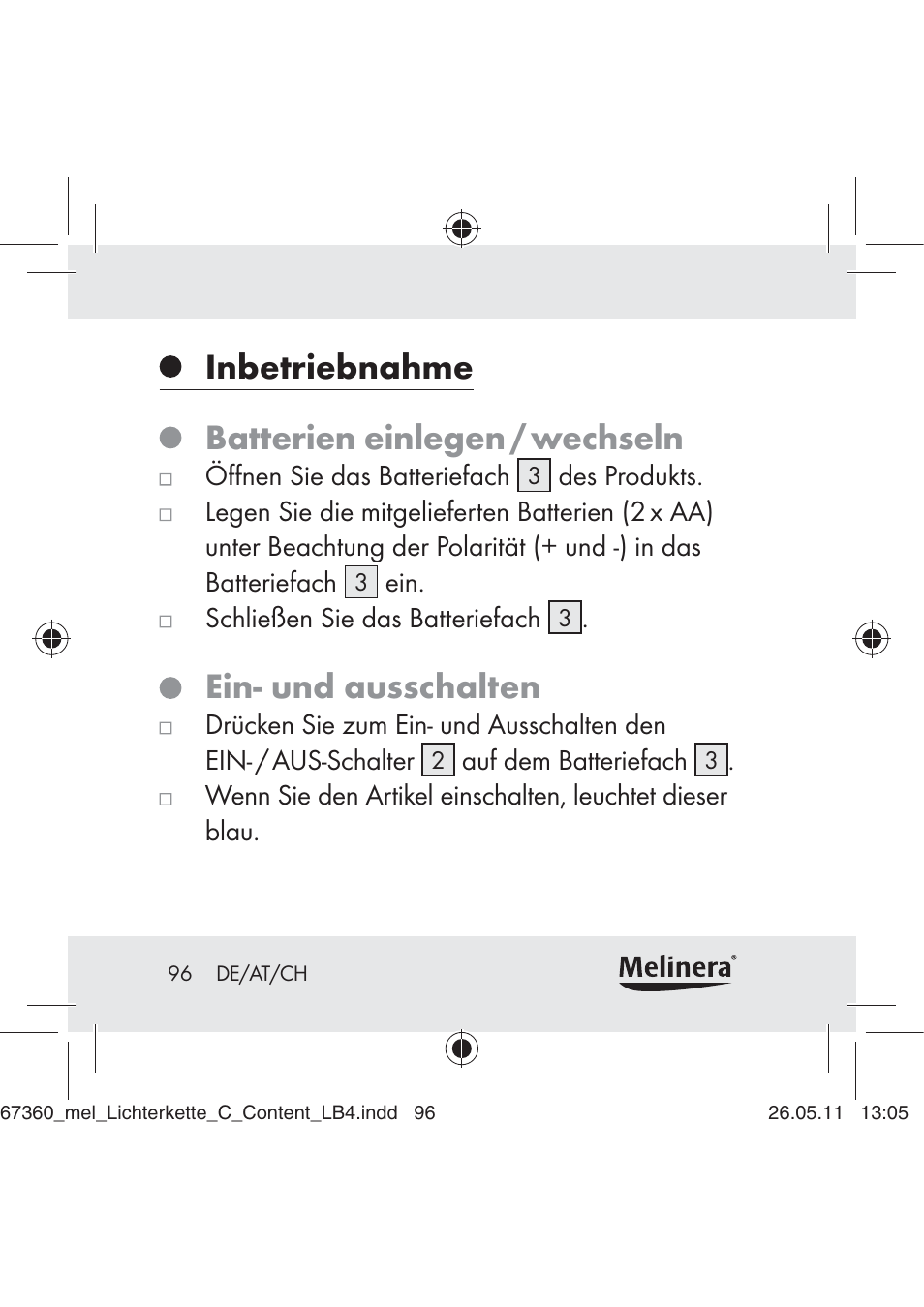 Inbetriebnahme, Batterien einlegen / wechseln, Ein- und ausschalten | Melinera Z30316C User Manual | Page 94 / 98