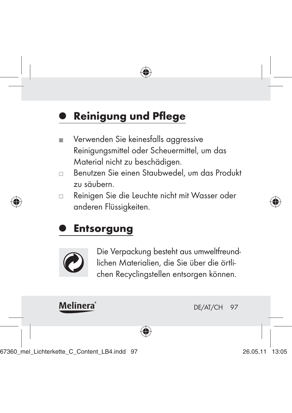 Reinigung und pﬂege, Entsorgung | Melinera Z30316C User Manual | Page 95 / 98