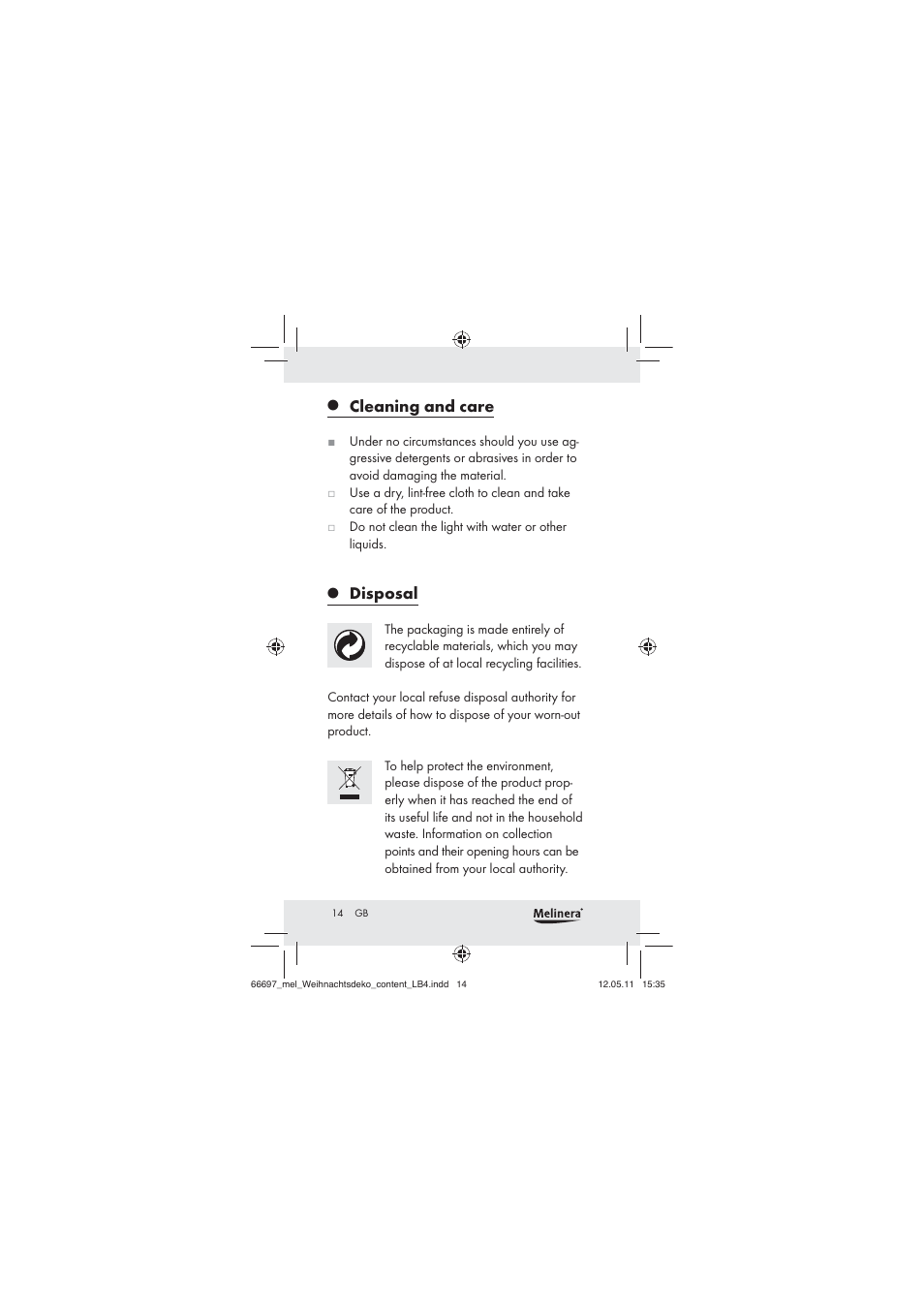 Cleaning and care, Disposal | Melinera Z30320 User Manual | Page 12 / 75