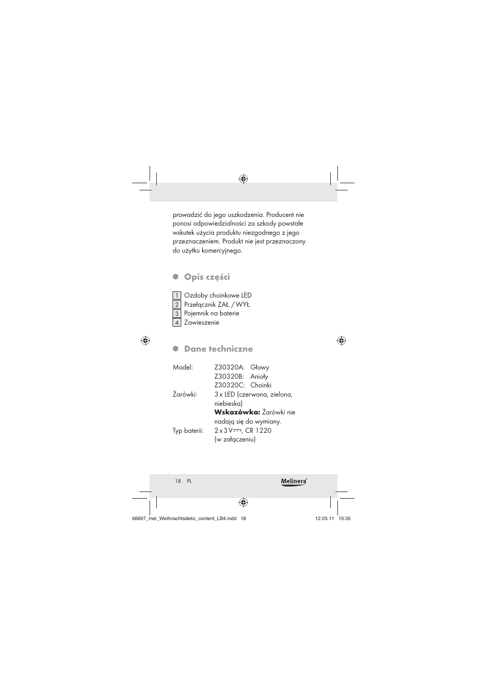 Opis części, Dane techniczne | Melinera Z30320 User Manual | Page 16 / 75