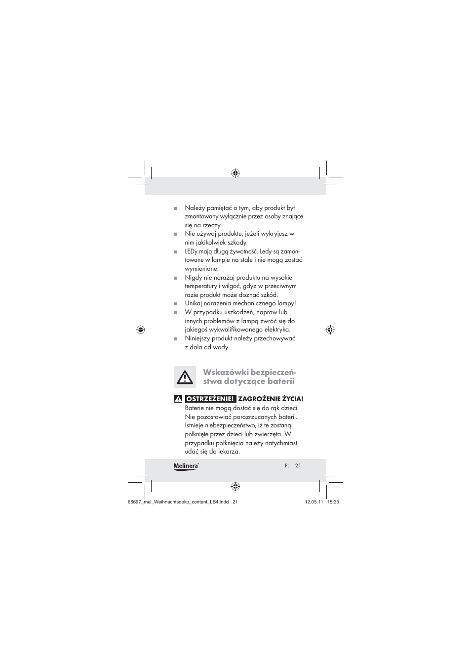 Wskazówki bezpieczeń- stwa dotyczące baterii | Melinera Z30320 User Manual | Page 19 / 75