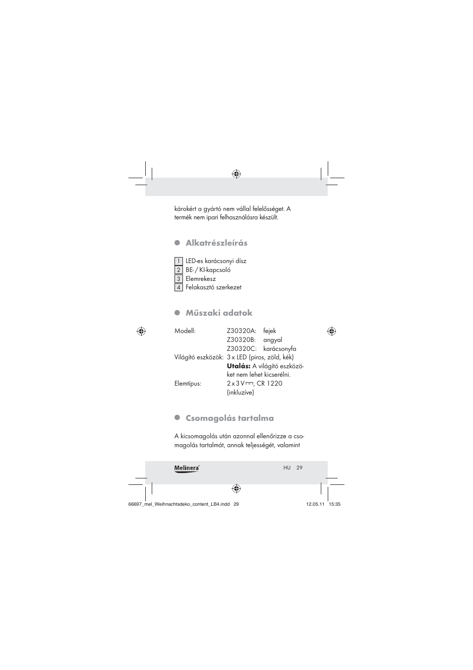 Alkatrészleírás, Műszaki adatok, Csomagolás tartalma | Melinera Z30320 User Manual | Page 27 / 75