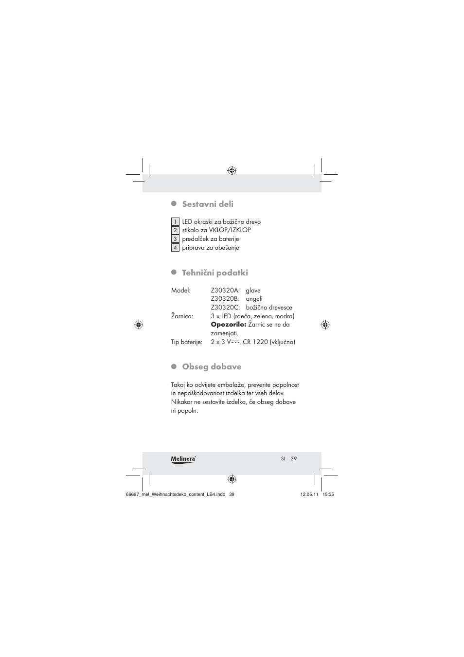 Sestavni deli, Tehnični podatki, Obseg dobave | Melinera Z30320 User Manual | Page 37 / 75