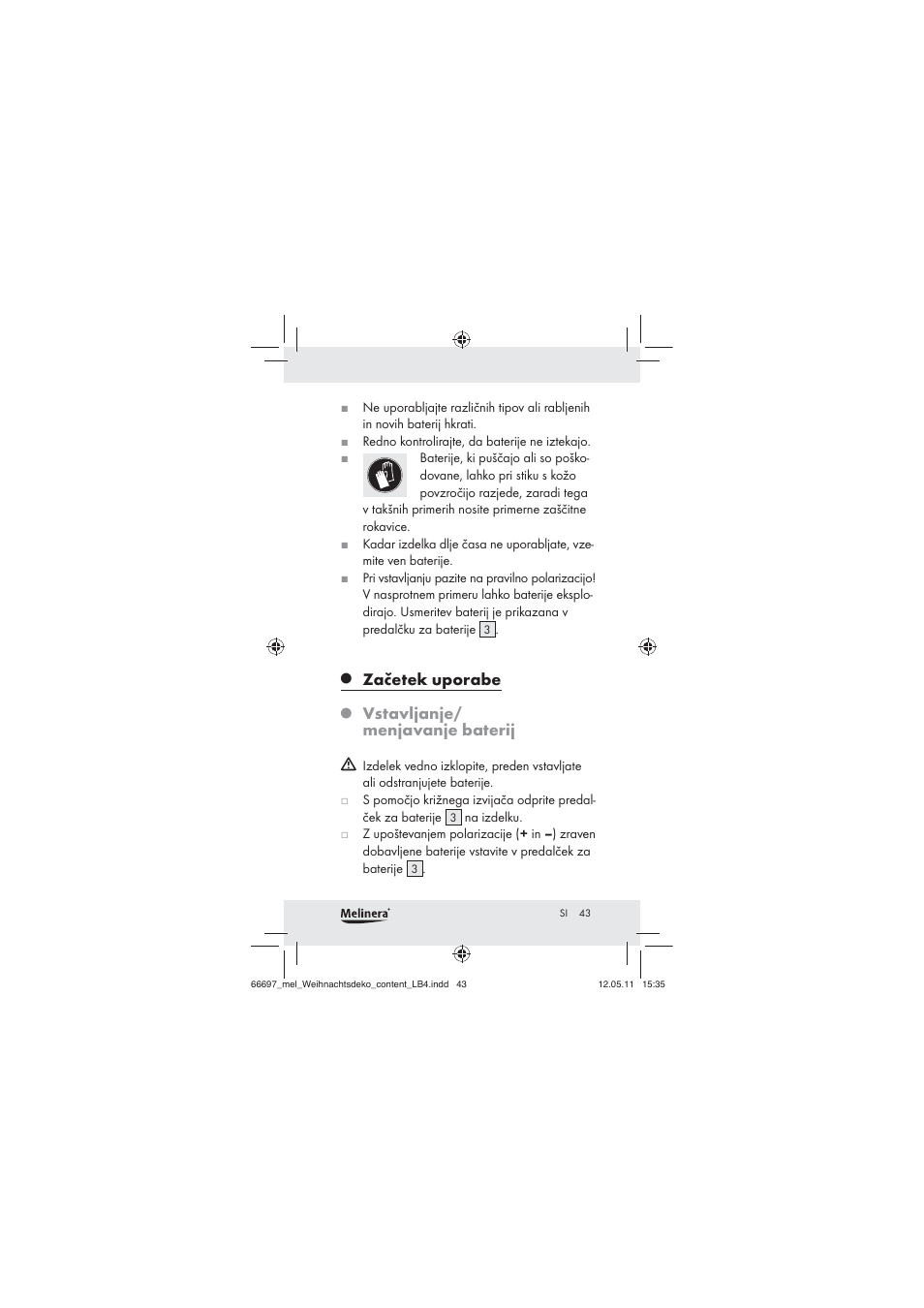 Začetek uporabe, Vstavljanje/ menjavanje baterij | Melinera Z30320 User Manual | Page 41 / 75