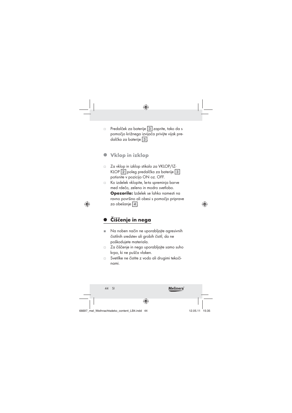 Vklop in izklop, Čiščenje in nega | Melinera Z30320 User Manual | Page 42 / 75