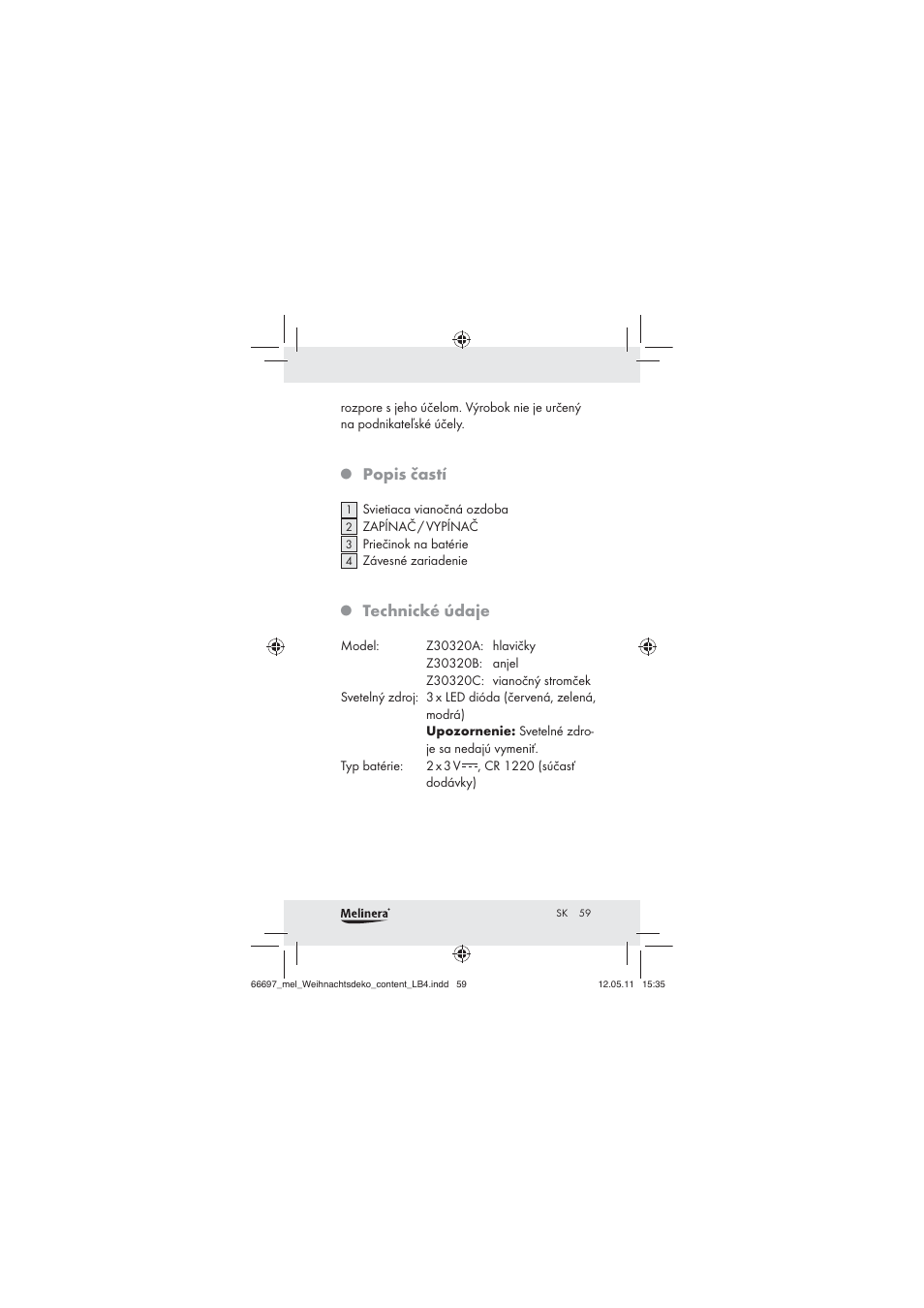 Popis častí, Technické údaje | Melinera Z30320 User Manual | Page 57 / 75