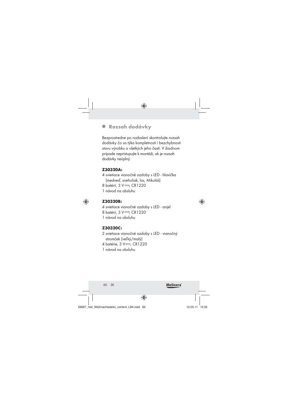 Rozsah dodávky | Melinera Z30320 User Manual | Page 58 / 75