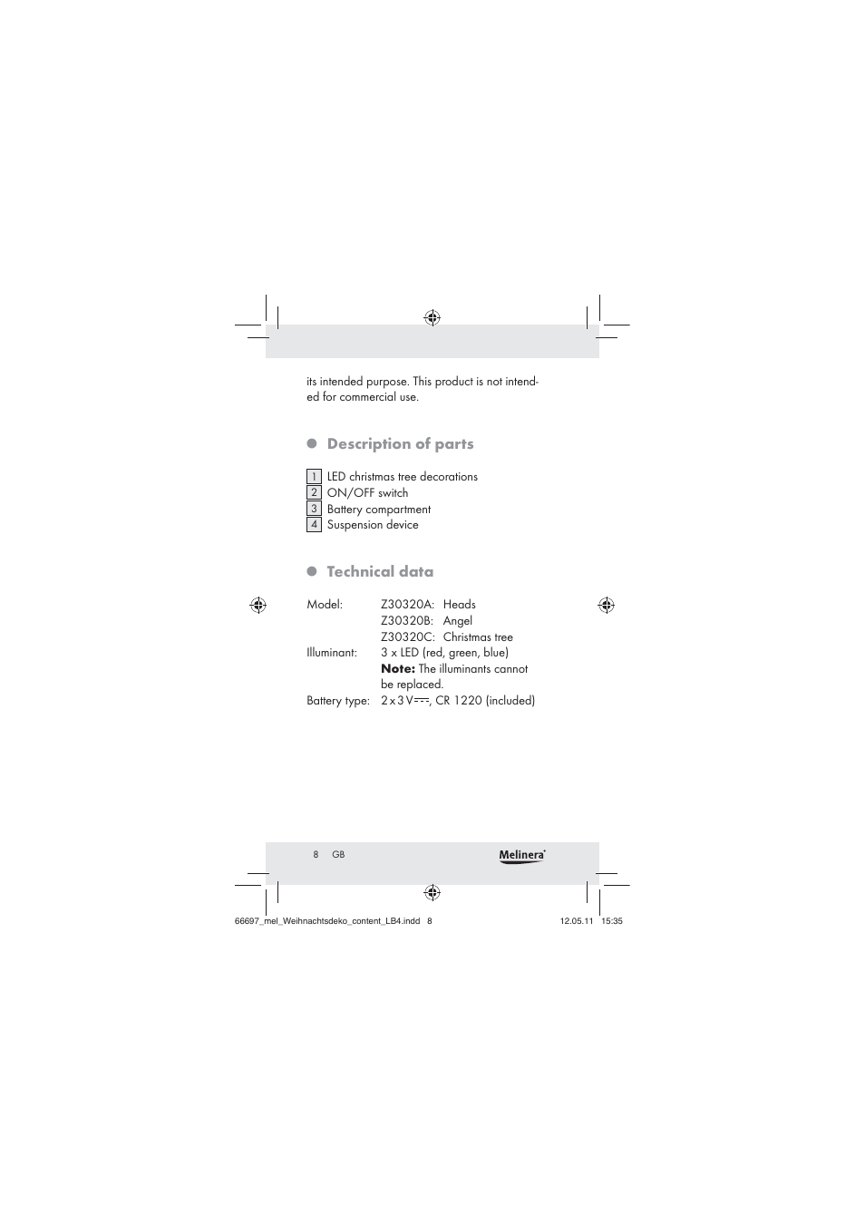 Description of parts, Technical data | Melinera Z30320 User Manual | Page 6 / 75