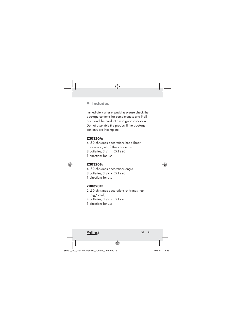 Includes | Melinera Z30320 User Manual | Page 7 / 75