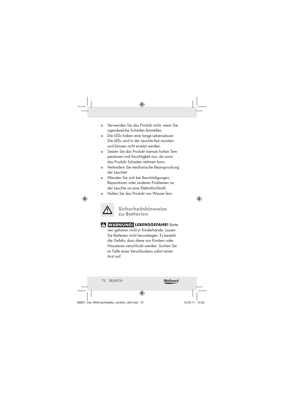 Sicherheitshinweise zu batterien | Melinera Z30320 User Manual | Page 70 / 75