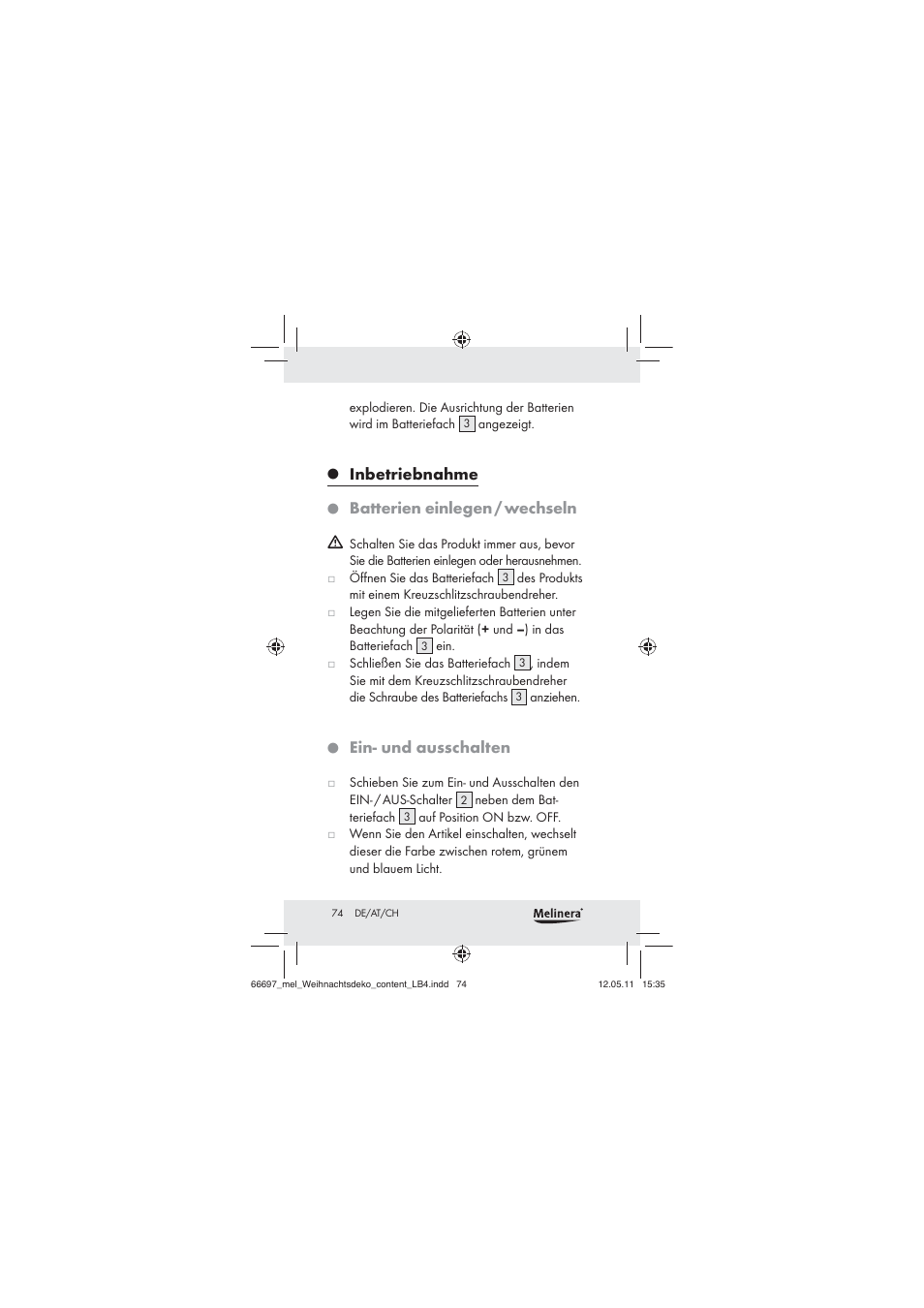 Inbetriebnahme, Batterien einlegen / wechseln, Ein- und ausschalten | Melinera Z30320 User Manual | Page 72 / 75