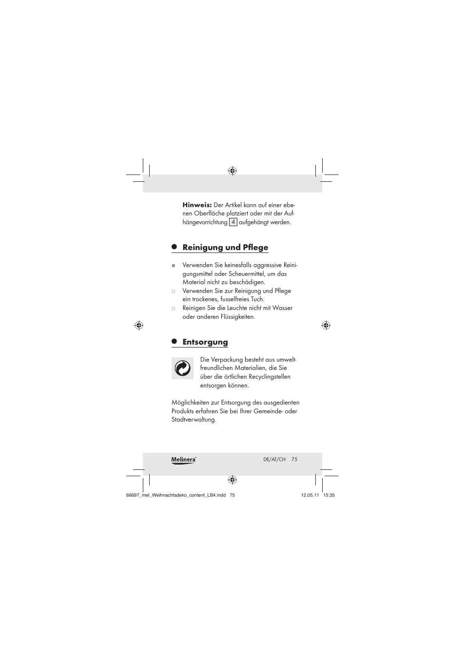 Reinigung und pﬂege, Entsorgung | Melinera Z30320 User Manual | Page 73 / 75