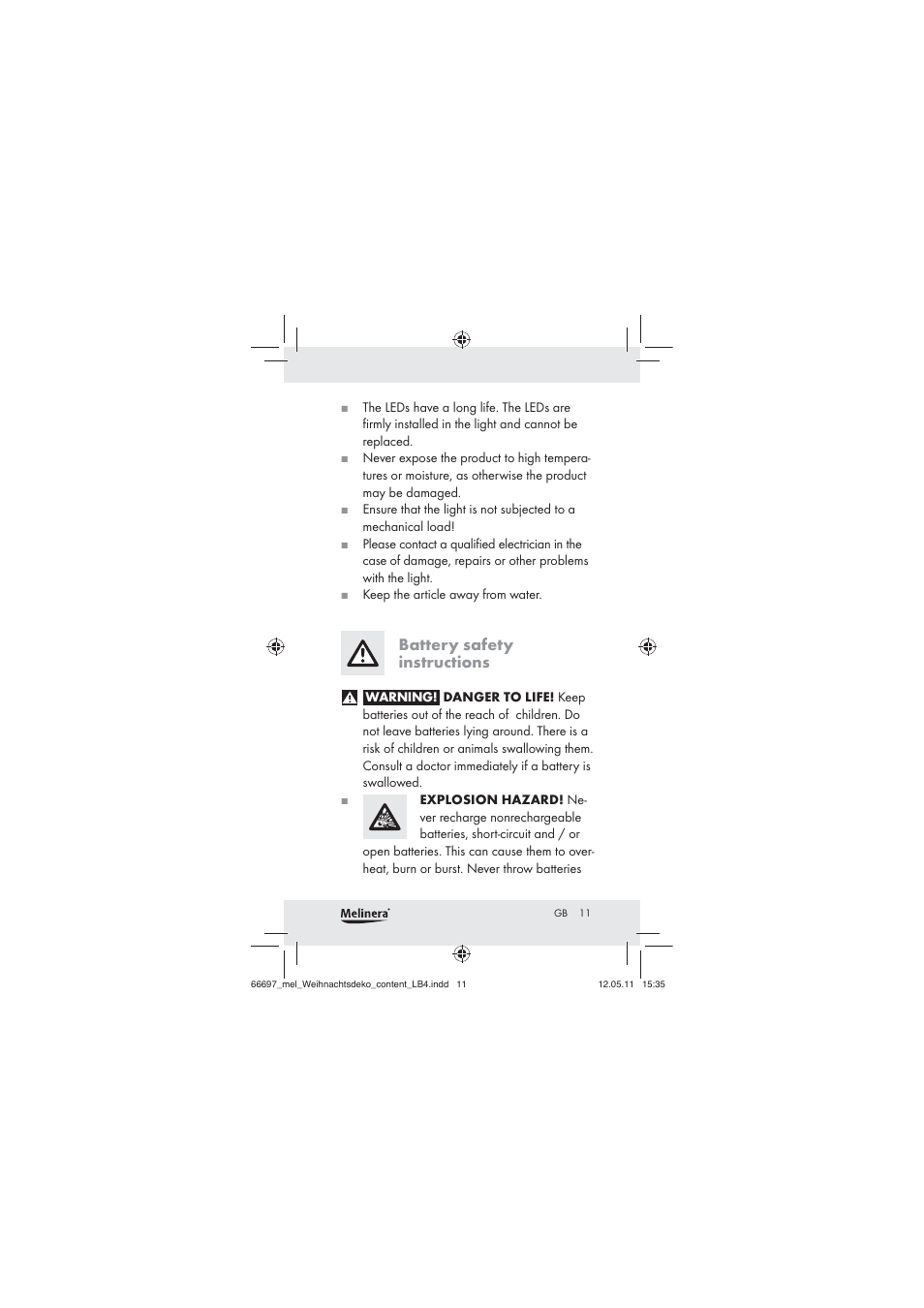 Battery safety instructions | Melinera Z30320 User Manual | Page 9 / 75