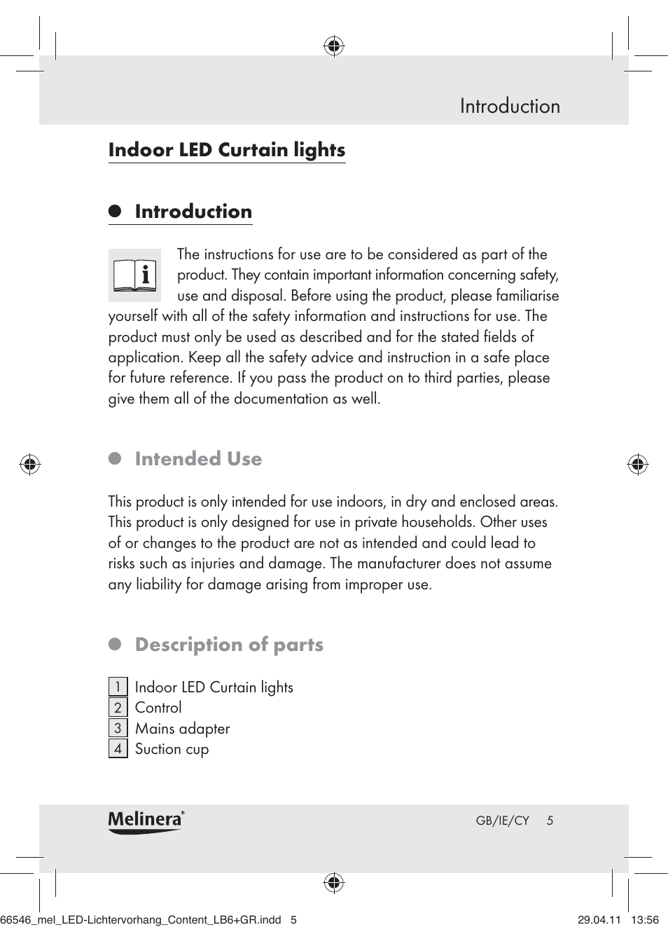 Introduction, Indoor led curtain lights, Intended use | Description of parts | Melinera Z30253-BS User Manual | Page 3 / 17