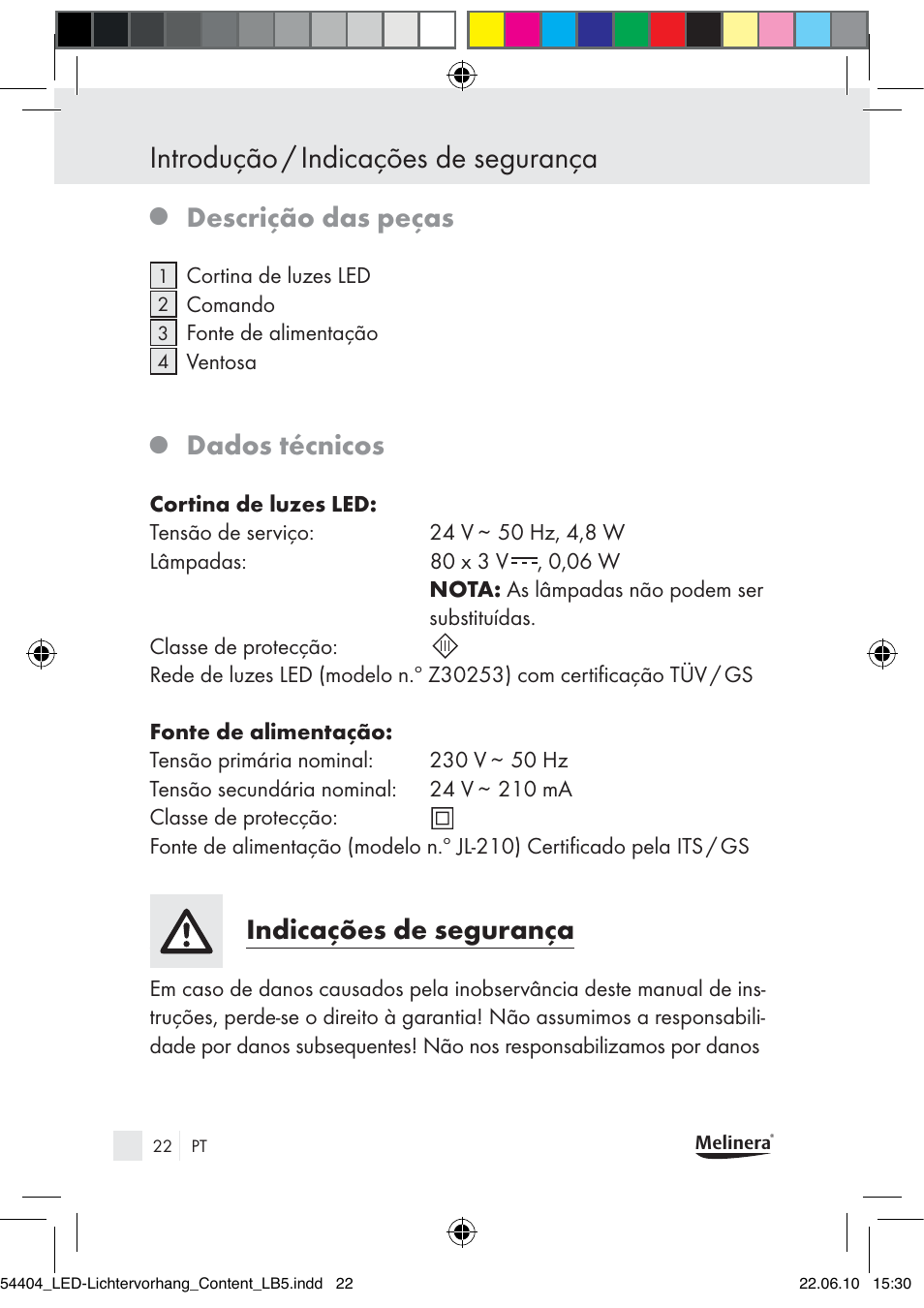 Introdução / indicações de segurança, Descrição das peças, Dados técnicos | Indicações de segurança | Melinera Z30253-BS User Manual | Page 20 / 39