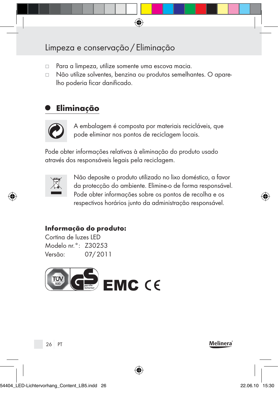 Limpeza e conservação / eliminação, Eliminação | Melinera Z30253-BS User Manual | Page 24 / 39