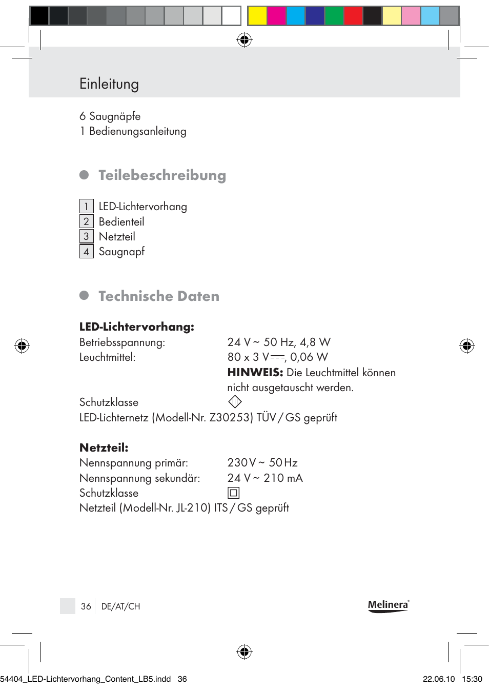 Einleitung, Teilebeschreibung, Technische daten | Melinera Z30253-BS User Manual | Page 34 / 39