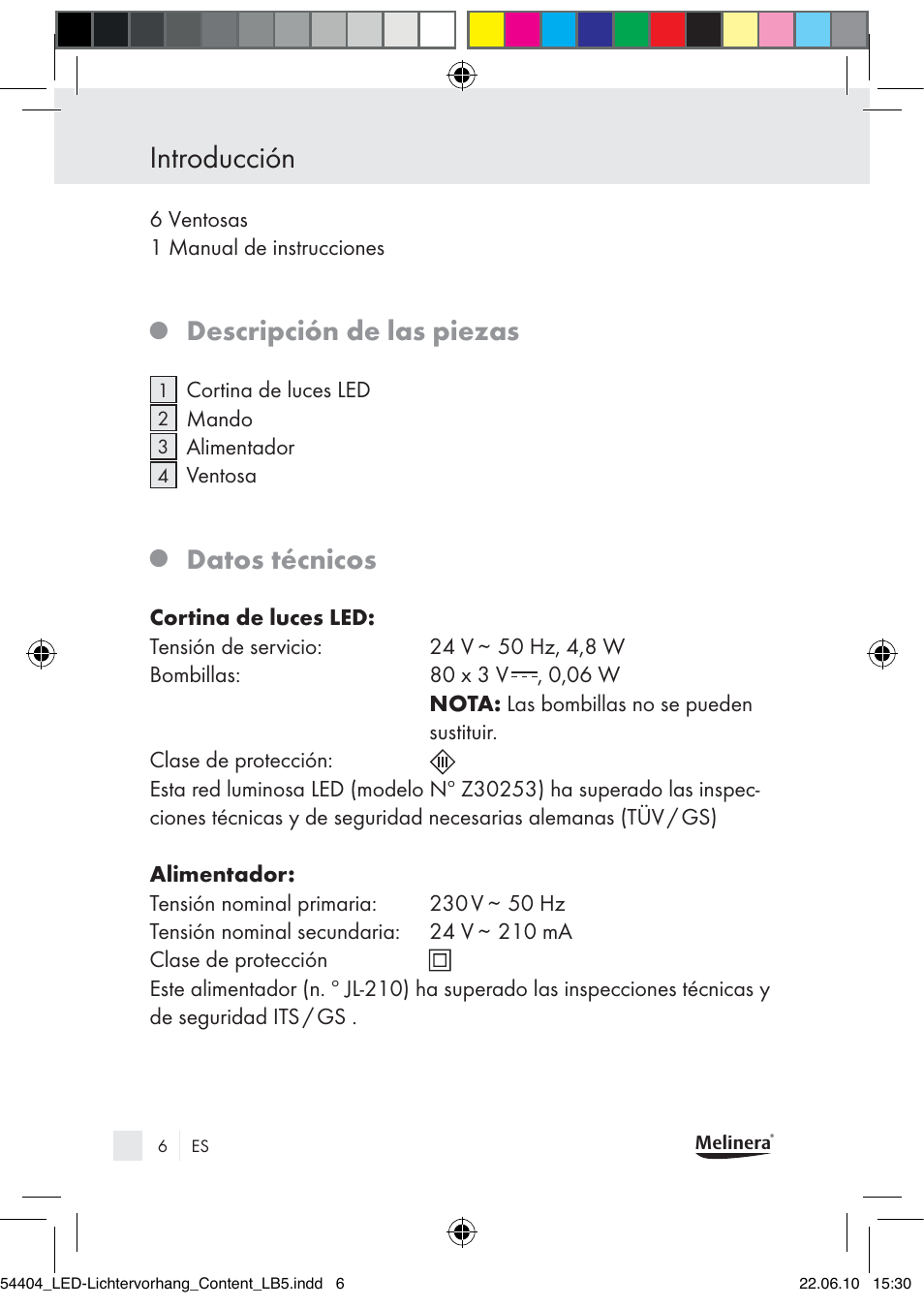 Introducción, Descripción de las piezas, Datos técnicos | Melinera Z30253-BS User Manual | Page 4 / 39