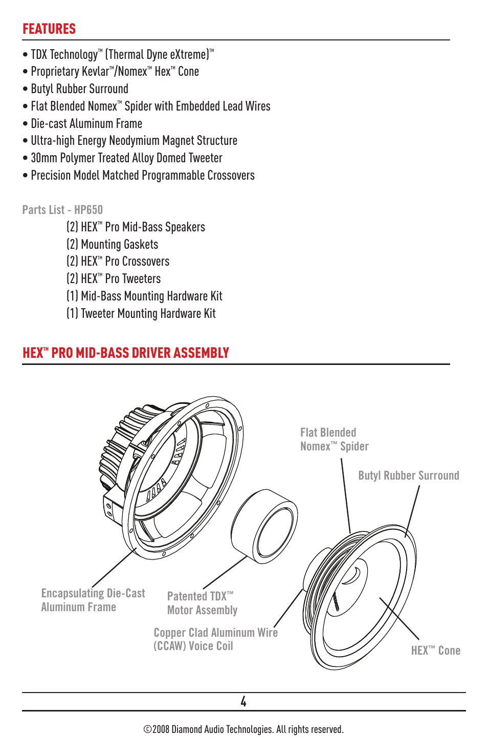 Product owners manual 6.5” component speakers, Thiele/small parameters physical dimensions, Crossovers | Component system connection, Crossover programming, Mounting mid-bass mounting, Tweeter mounting, Features, Technology, A) (b) (d) (e) | Diamond Audio Technology HP650 User Manual | Page 4 / 8