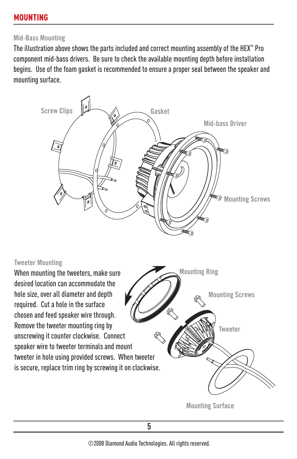 Product owners manual 6.5” component speakers, Thiele/small parameters physical dimensions, Crossovers | Component system connection, Crossover programming, Mounting mid-bass mounting, Tweeter mounting, Features, Technology, A) (b) (d) (e) | Diamond Audio Technology HP650 User Manual | Page 5 / 8