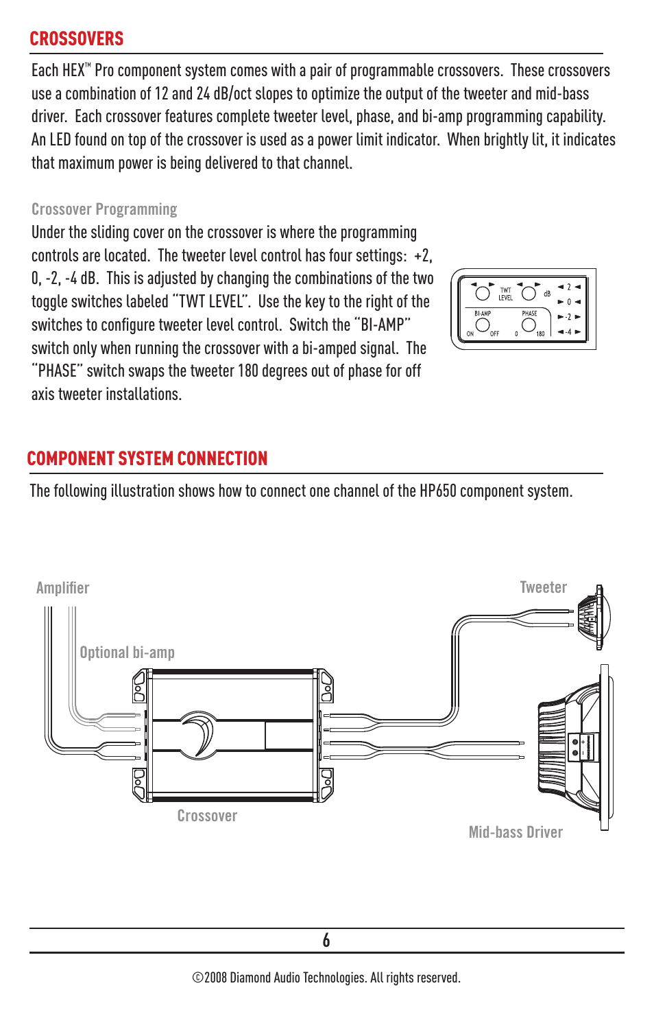 Product owners manual 6.5” component speakers, Thiele/small parameters physical dimensions, Crossovers | Component system connection, Crossover programming, Mounting mid-bass mounting, Tweeter mounting, Features, Technology, Component system connection crossovers | Diamond Audio Technology HP650 User Manual | Page 6 / 8