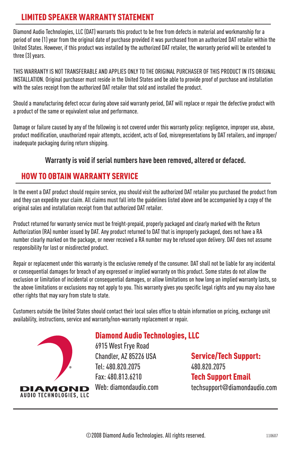 Limited speaker warranty statement, How to obtain warranty service, Diamond audio technologies, llc | Service/tech support, Tech support email | Diamond Audio Technology HP650 User Manual | Page 8 / 8