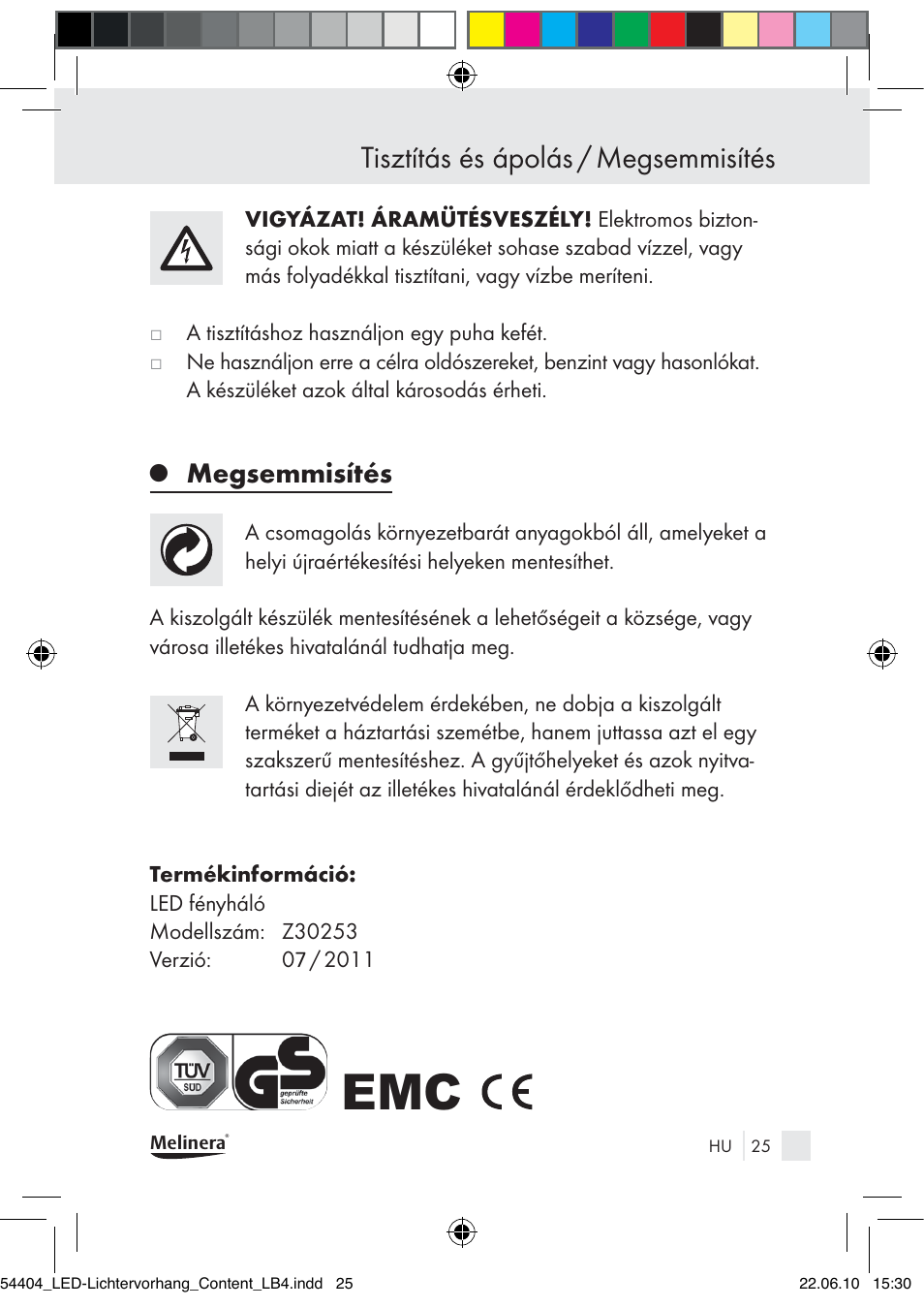 Tisztítás és ápolás / megsemmisítés, Megsemmisítés | Melinera Z30253-BS User Manual | Page 23 / 52