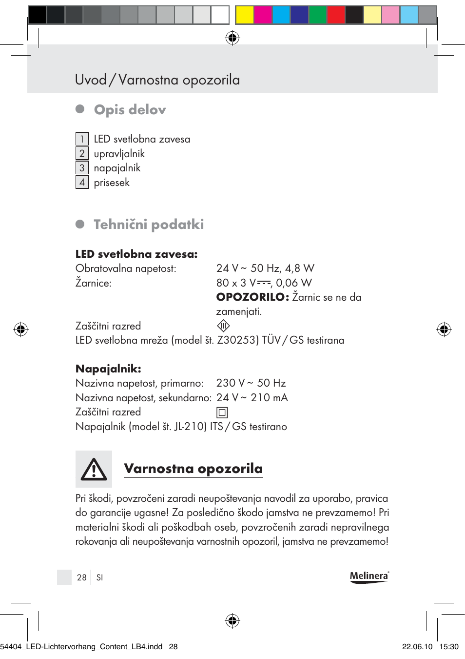 Uvod / varnostna opozorila, Opis delov, Tehnični podatki | Varnostna opozorila | Melinera Z30253-BS User Manual | Page 26 / 52