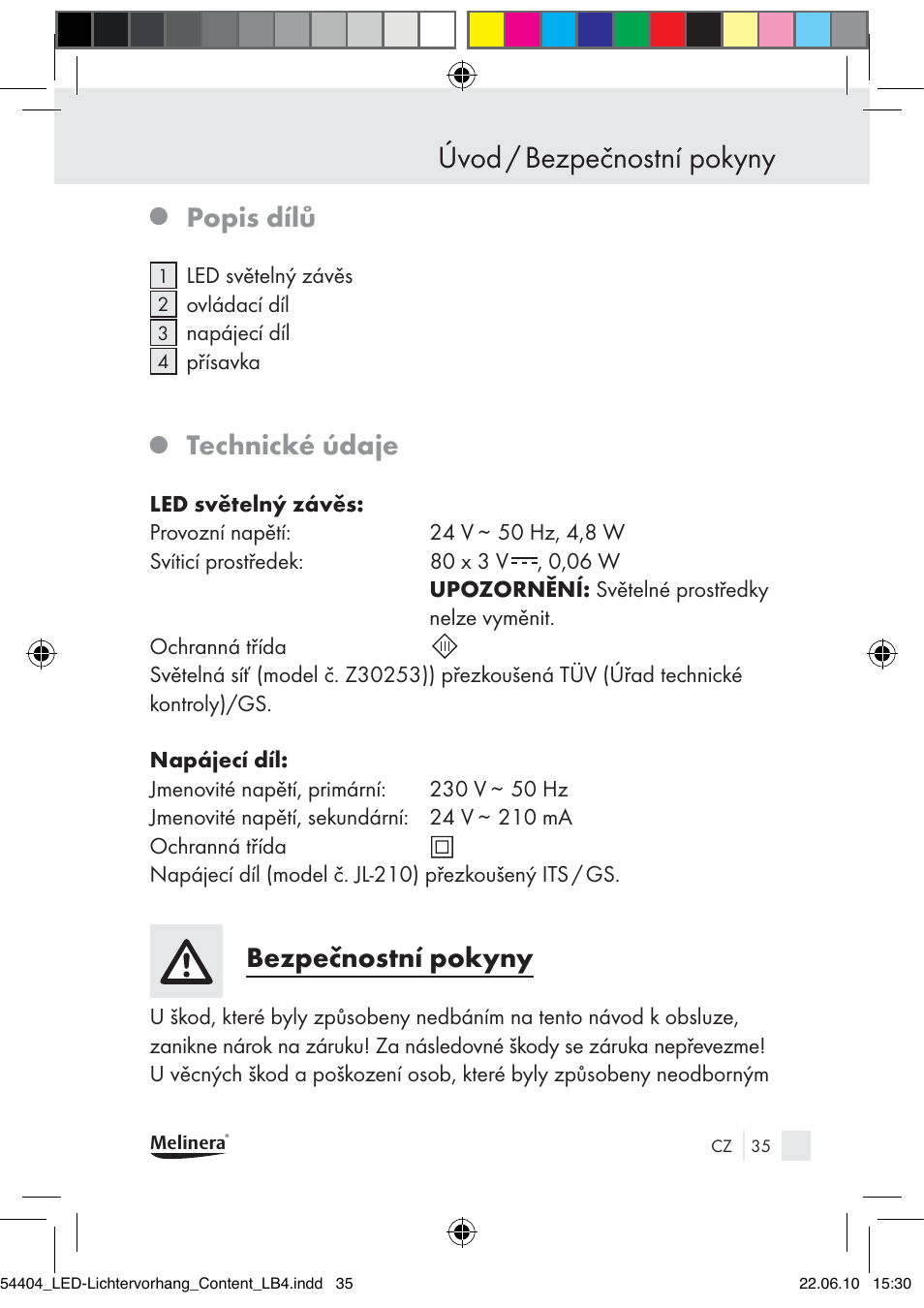Úvod / bezpečnostní pokyny, Popis dílů, Technické údaje | Bezpečnostní pokyny | Melinera Z30253-BS User Manual | Page 33 / 52