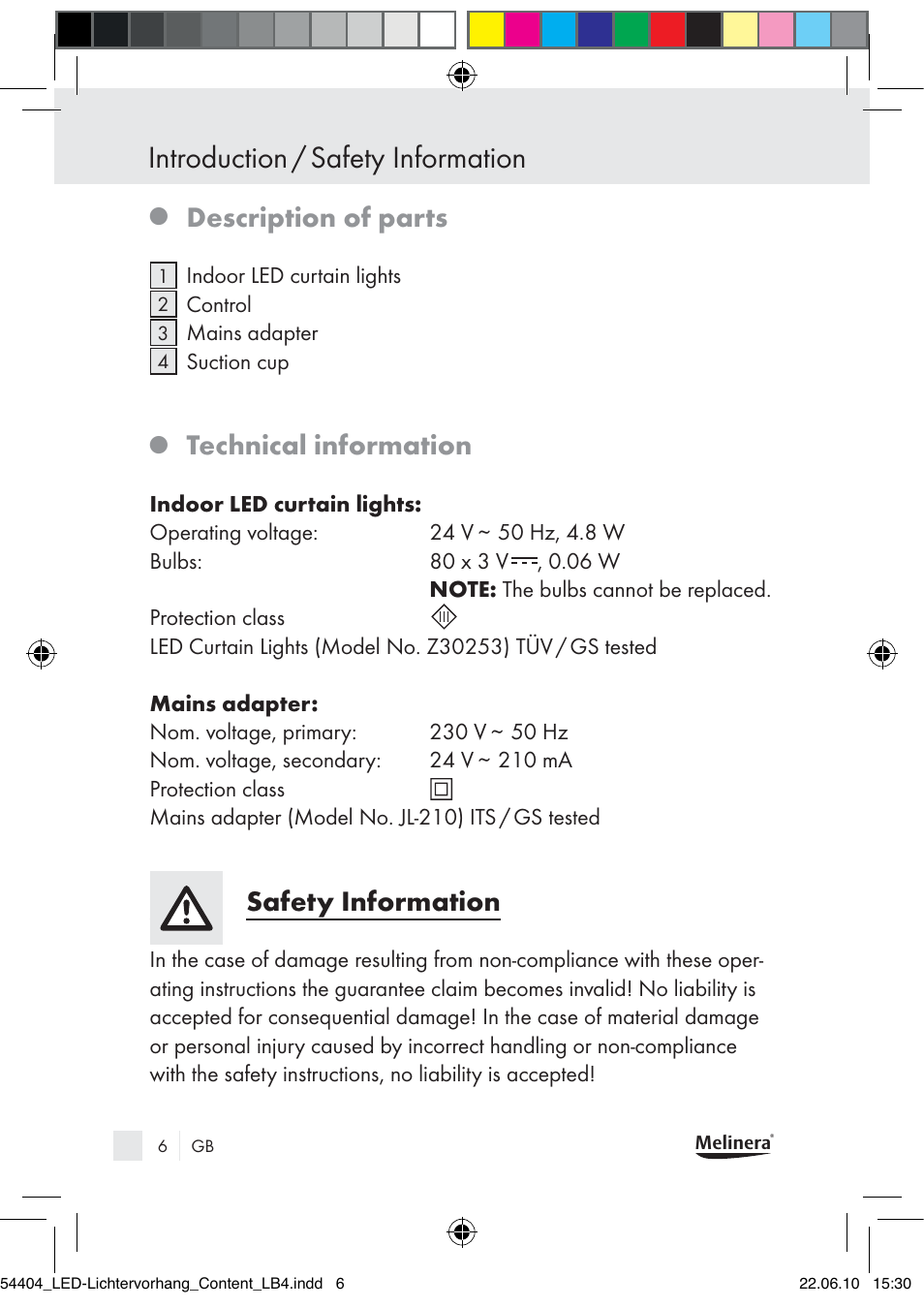 Introduction / safety information, Description of parts, Technical information | Safety information | Melinera Z30253-BS User Manual | Page 4 / 52