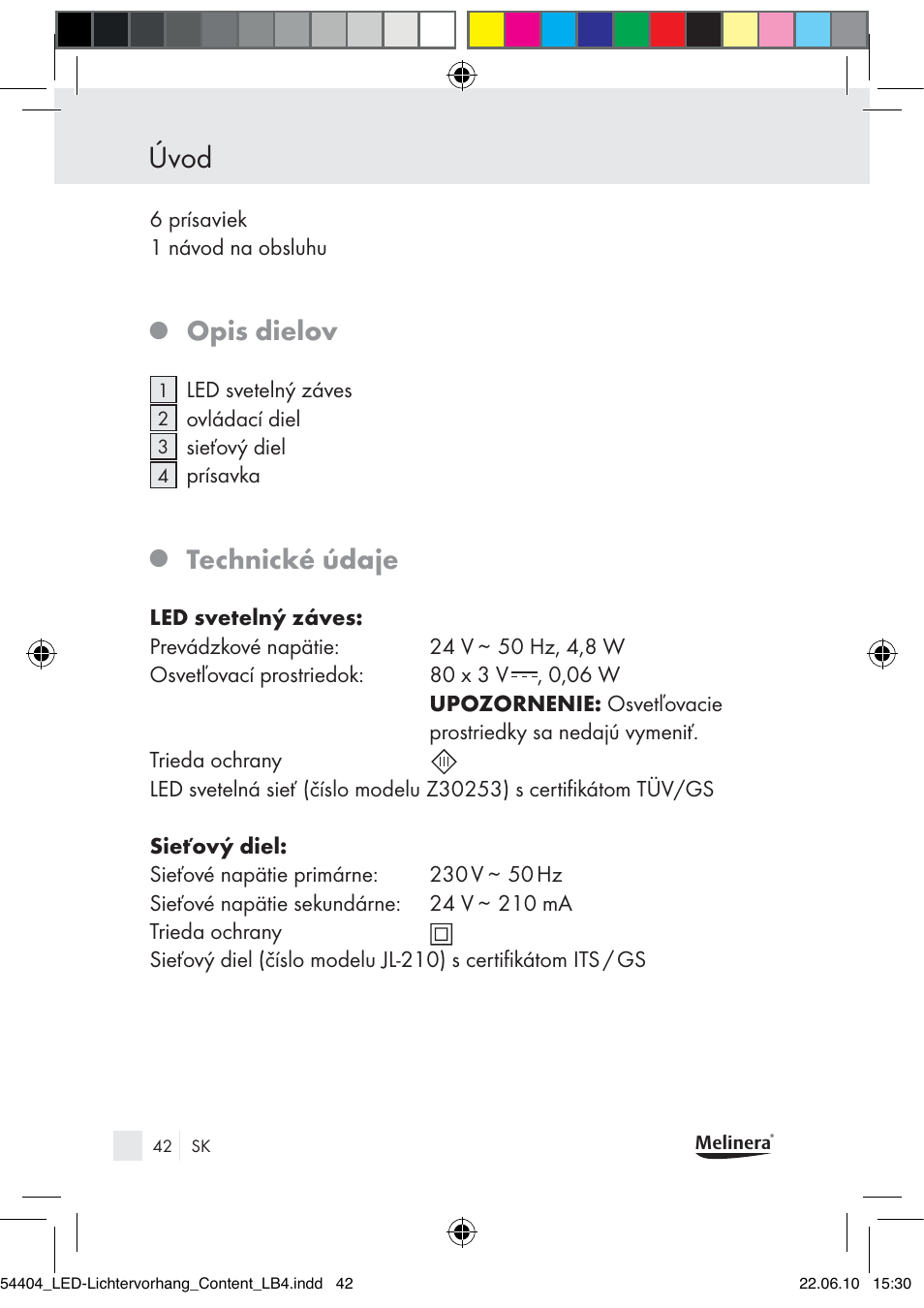 Úvod, Opis dielov, Technické údaje | Melinera Z30253-BS User Manual | Page 40 / 52