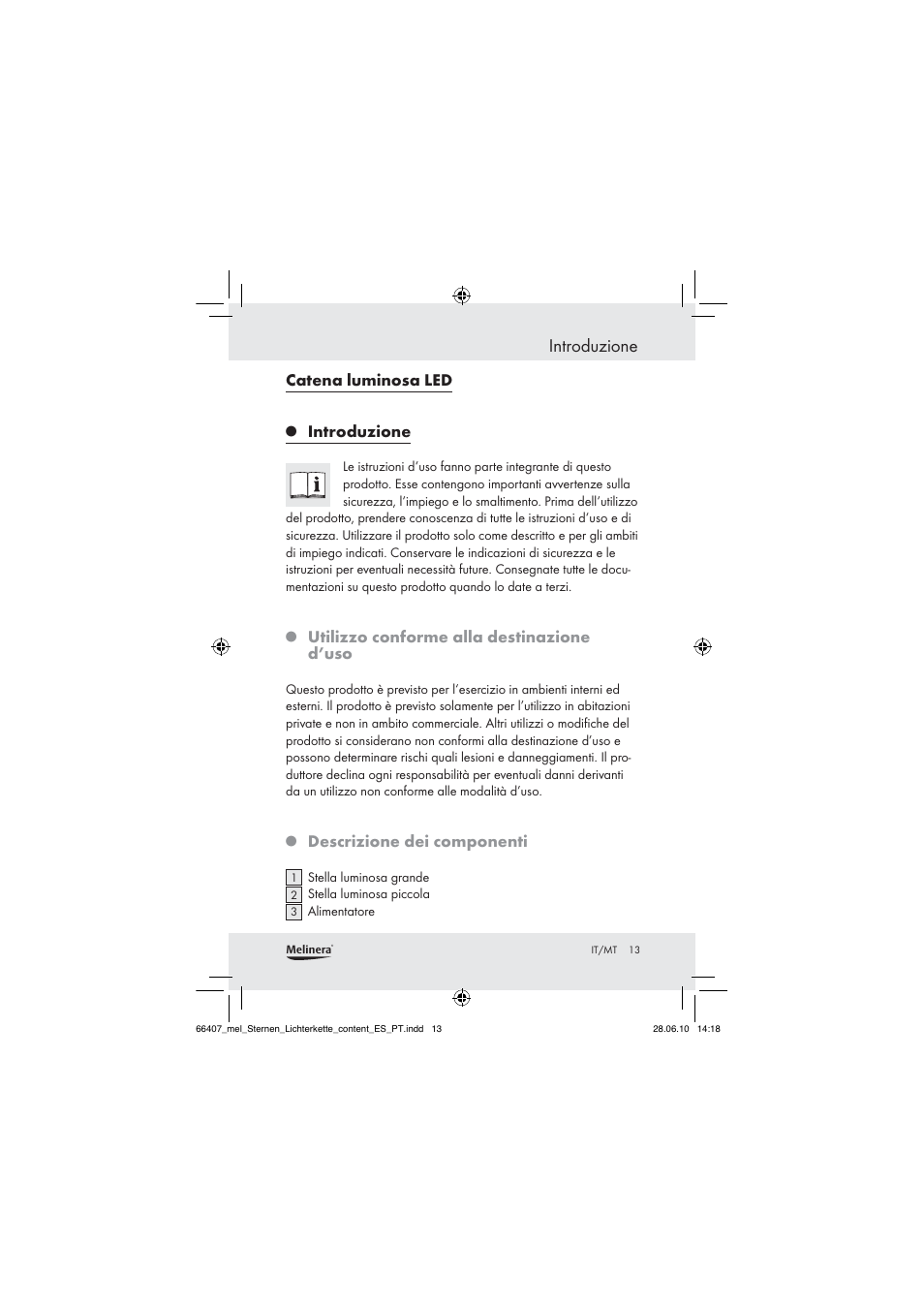 Introduzione, Catena luminosa led, Utilizzo conforme alla destinazione d’uso | Descrizione dei componenti | Melinera Z30171 User Manual | Page 11 / 41