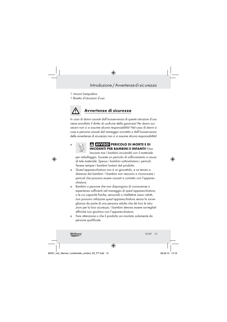 Introduzione / avvertenze d i sic urezza, Avvertenze di sicurezza | Melinera Z30171 User Manual | Page 13 / 41