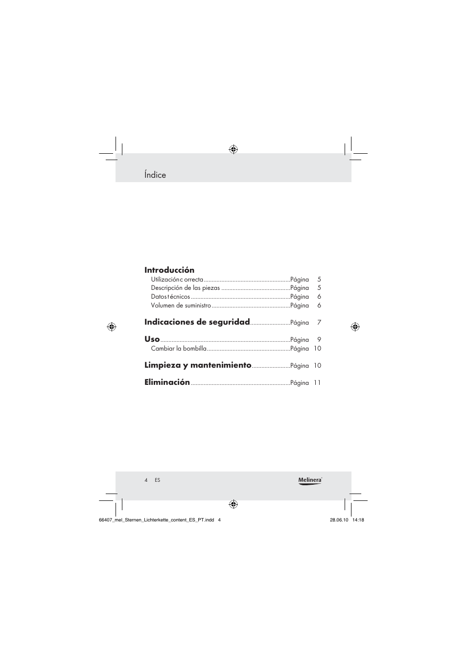 Índice, Introducción, Indicaciones de seguridad | Limpieza y mantenimiento, Eliminación | Melinera Z30171 User Manual | Page 2 / 41