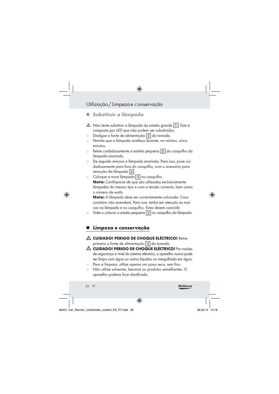 Utilização / limpeza e c onservação, Substituir a lâmpada, Limpeza e conservação | Melinera Z30171 User Manual | Page 24 / 41
