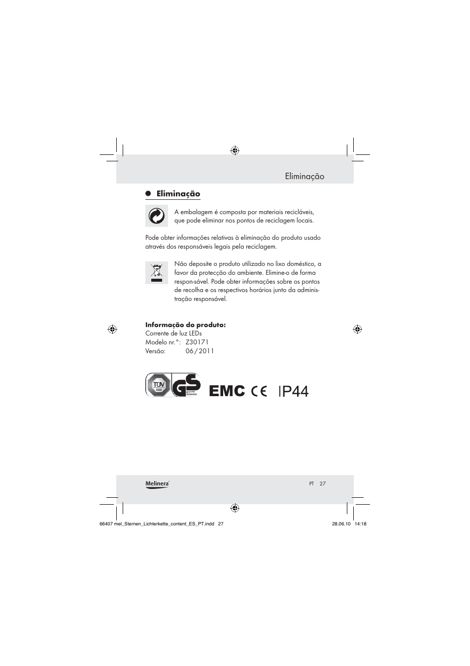 Eliminação | Melinera Z30171 User Manual | Page 25 / 41