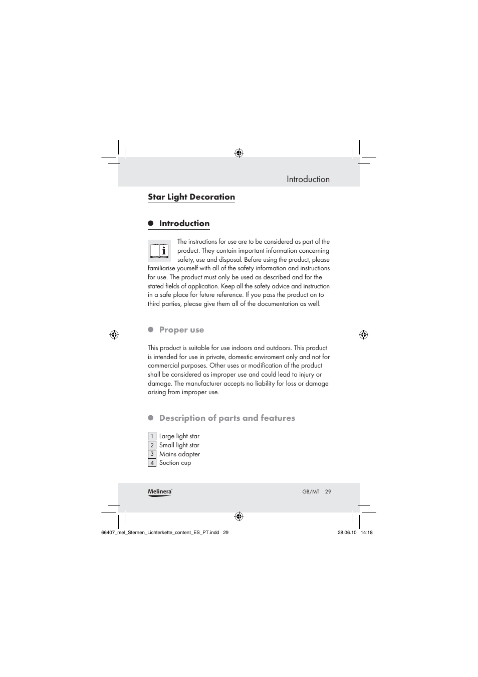 Introduction, Star light decoration, Proper use | Description of parts and features | Melinera Z30171 User Manual | Page 27 / 41