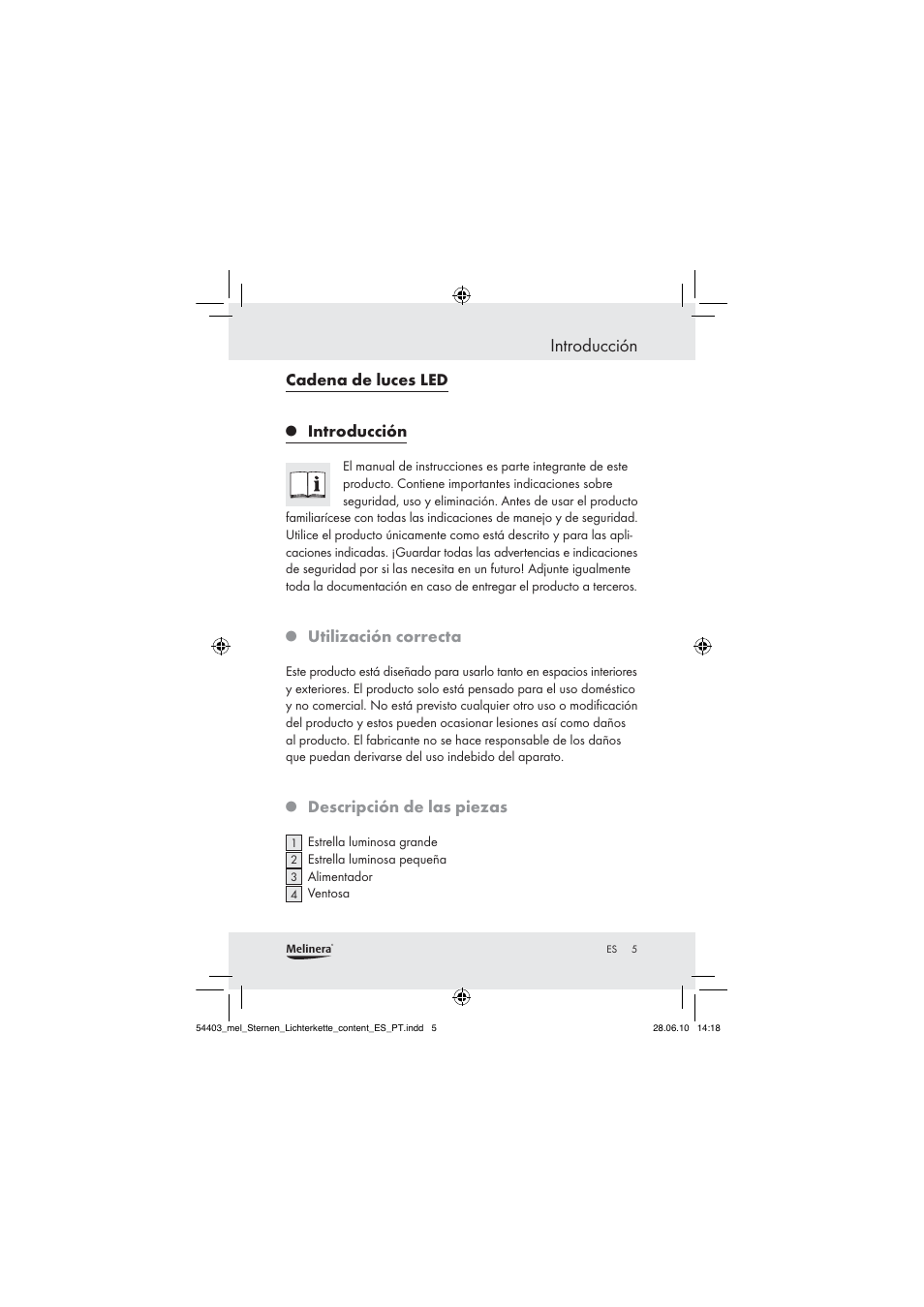 Introducción, Cadena de luces led, Utilización correcta | Descripción de las piezas | Melinera Z30171 User Manual | Page 3 / 41