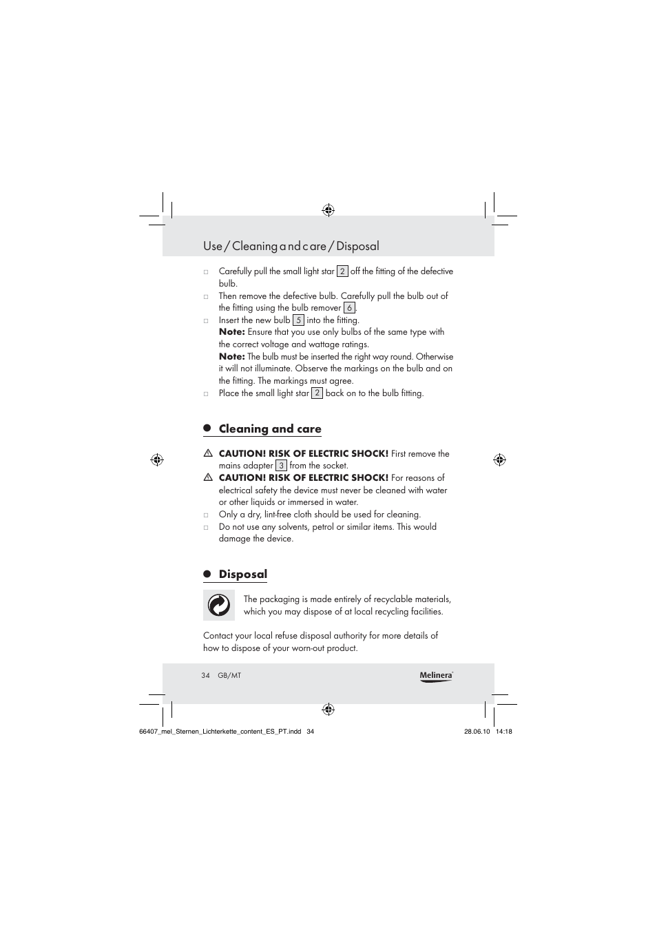 Use / cleaning a nd c are / disposal, Cleaning and care, Disposal | Melinera Z30171 User Manual | Page 32 / 41