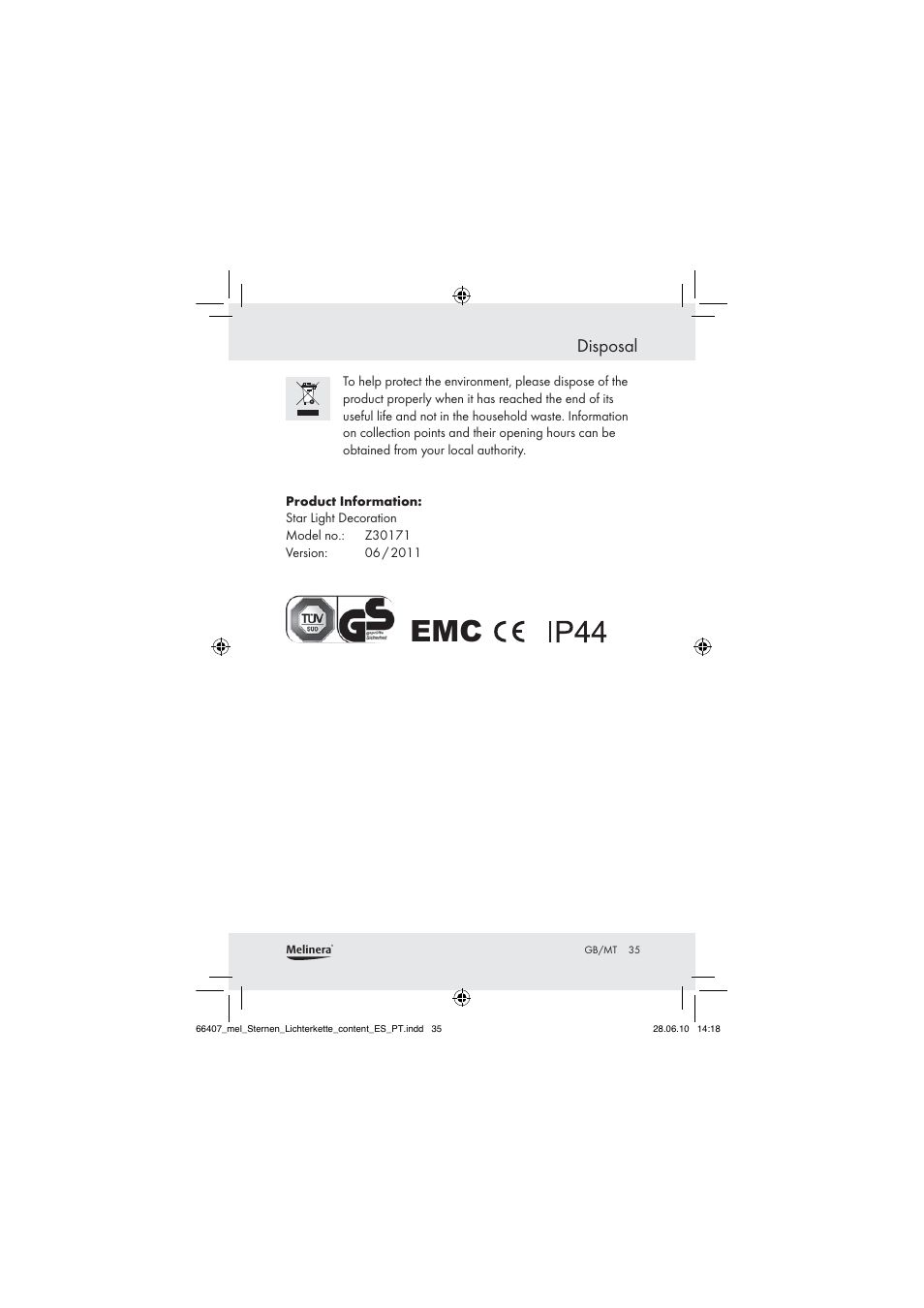 Disposal | Melinera Z30171 User Manual | Page 33 / 41