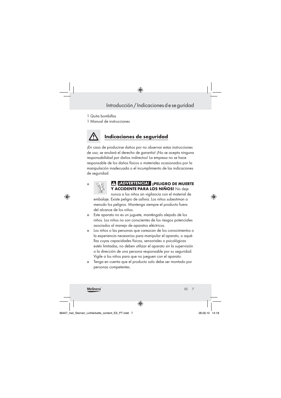 Introducción / indicaciones d e se guridad, Indicaciones de seguridad | Melinera Z30171 User Manual | Page 5 / 41
