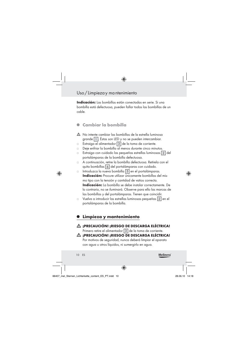 Uso / limpieza y ma ntenimiento, Cambiar la bombilla, Limpieza y mantenimiento | Melinera Z30171 User Manual | Page 8 / 41