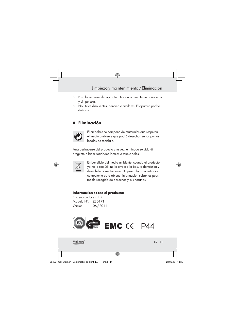 Limpieza y ma ntenimiento / eliminación | Melinera Z30171 User Manual | Page 9 / 41
